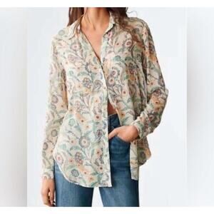 Anthropologie Pilcro Floral Top Women Size XXS Tan White Button Down Long Sleeve